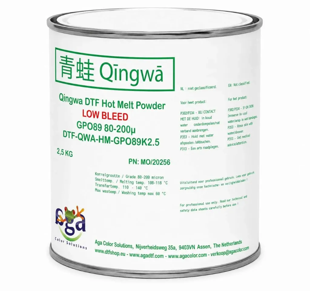 [DTF-QWA-HM-GPO89K0.5] Qingwa DTF Low Bleed Hot Melt Powder GPO89 80-200 micron (Blik 0.5 kg)